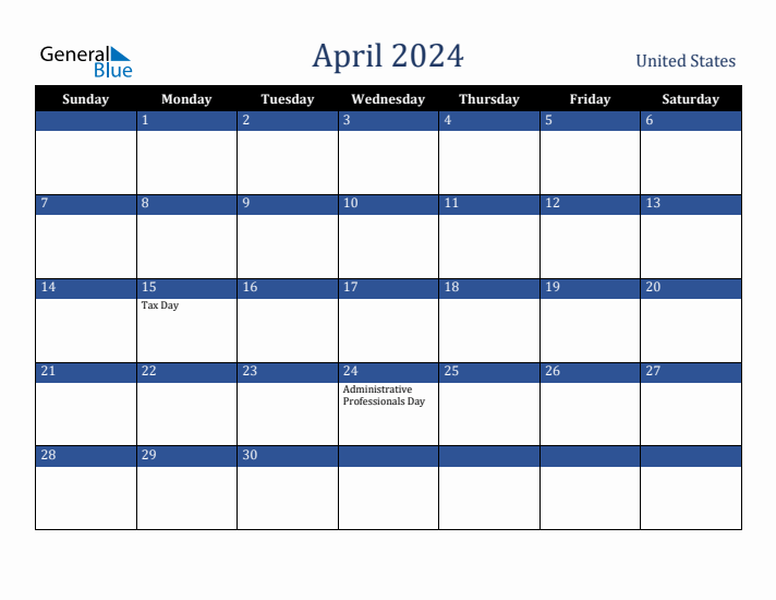 April 2024 United States Calendar (Sunday Start)