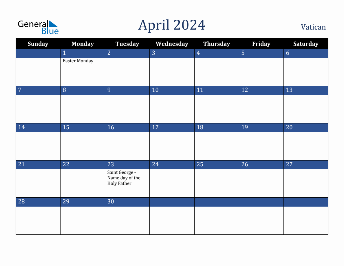 April 2024 Vatican Holiday Calendar