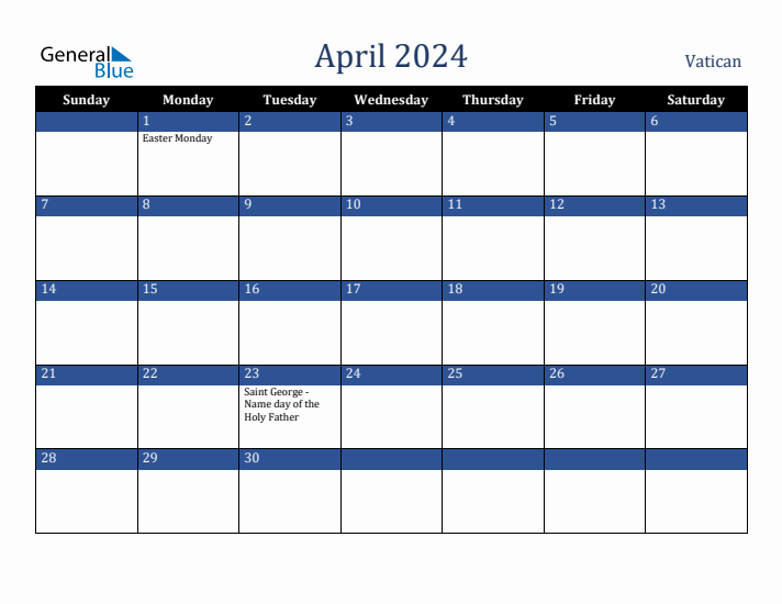 April 2024 Vatican Calendar (Sunday Start)