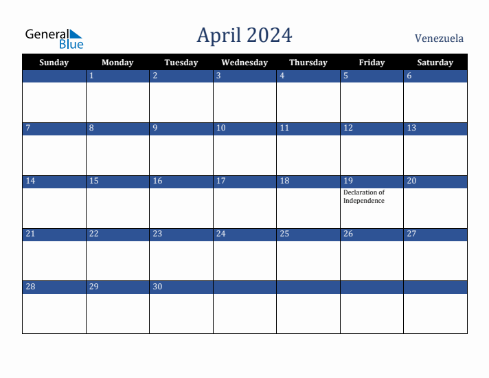 April 2024 Venezuela Calendar (Sunday Start)