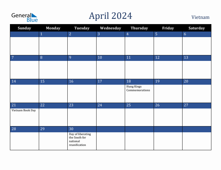 April 2024 Vietnam Calendar (Sunday Start)