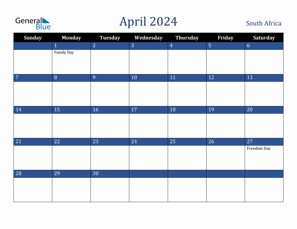 April 2024 South Africa Holiday Calendar