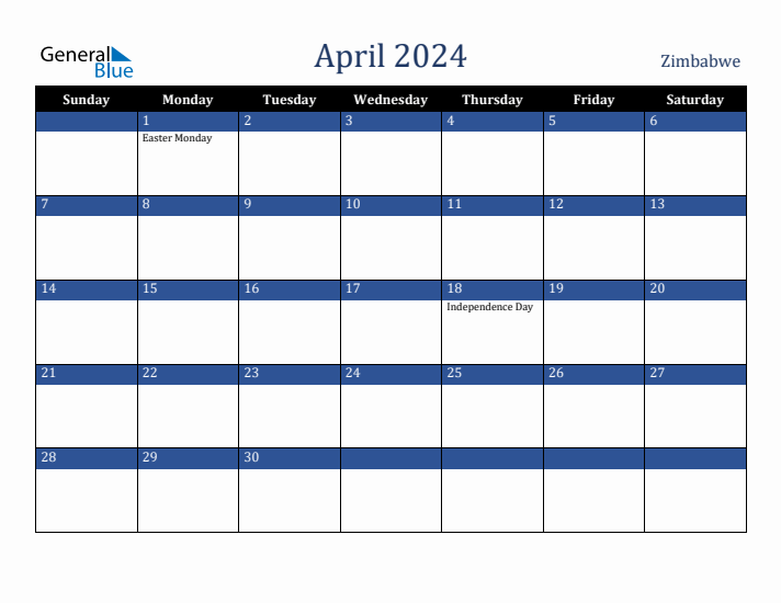 April 2024 Zimbabwe Calendar (Sunday Start)