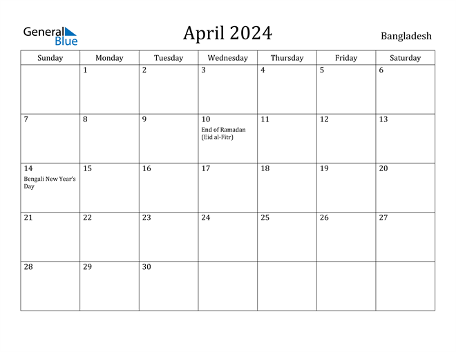 April 2024 Calendar Bangladesh