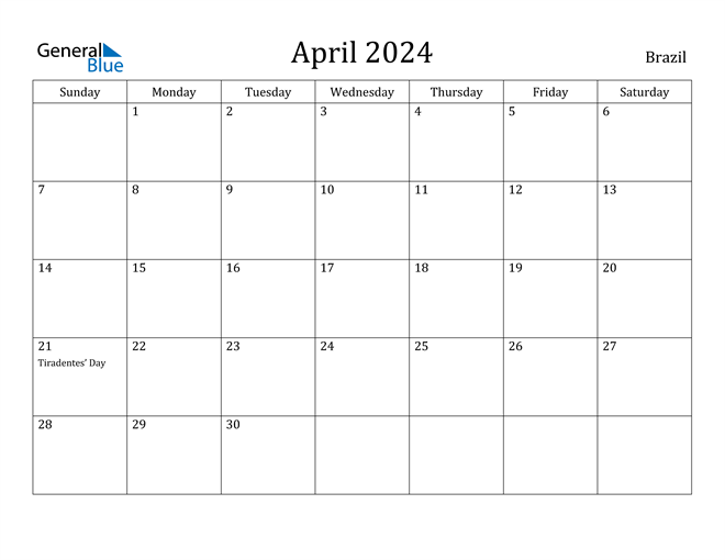 Brazil April 2024 Calendar with Holidays