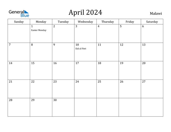 April 2024 Calendar with Malawi Holidays