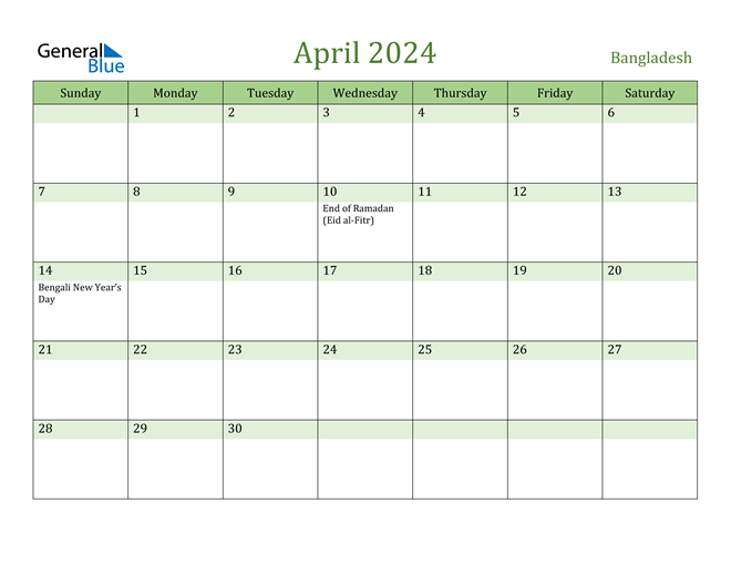 April 2024 Calendar with Bangladesh Holidays