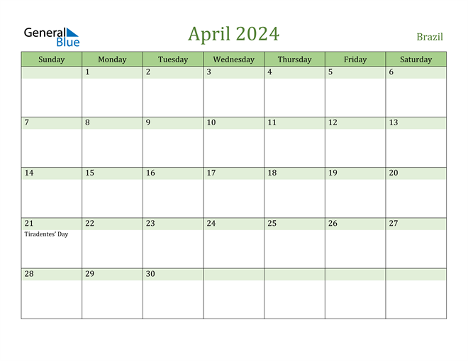 Brazil April 2024 Calendar with Holidays