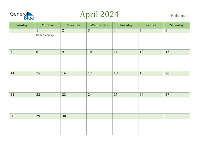 April 2024 Calendar with Bahamas Holidays