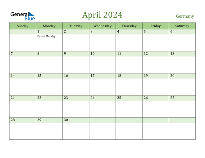 Germany April 2024 Calendar with Holidays