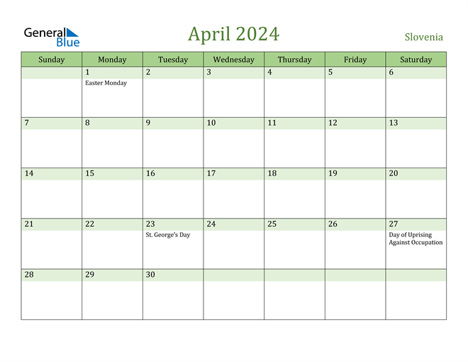April 2024 Calendar with Slovenia Holidays