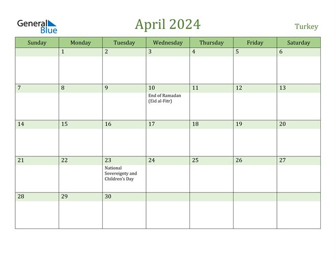 Turkey April 2024 Calendar with Holidays