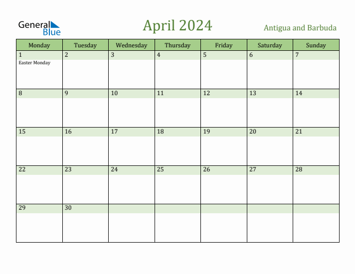 April 2024 Calendar with Antigua and Barbuda Holidays