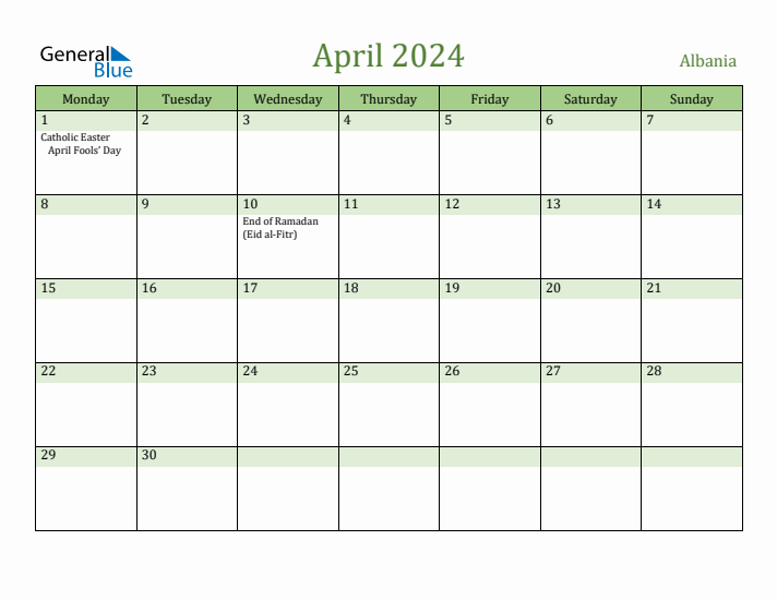 April 2024 Calendar with Albania Holidays
