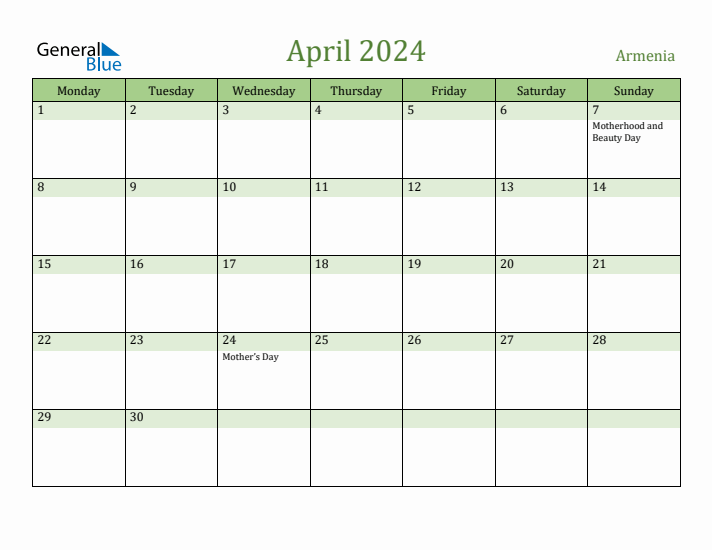 April 2024 Calendar with Armenia Holidays