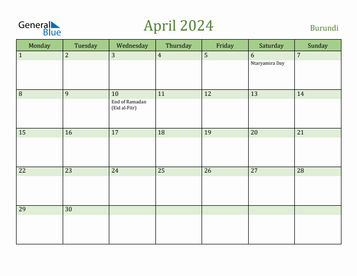April 2024 Calendar with Burundi Holidays