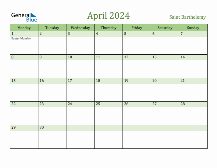 April 2024 Calendar with Saint Barthelemy Holidays