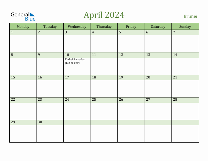 April 2024 Calendar with Brunei Holidays