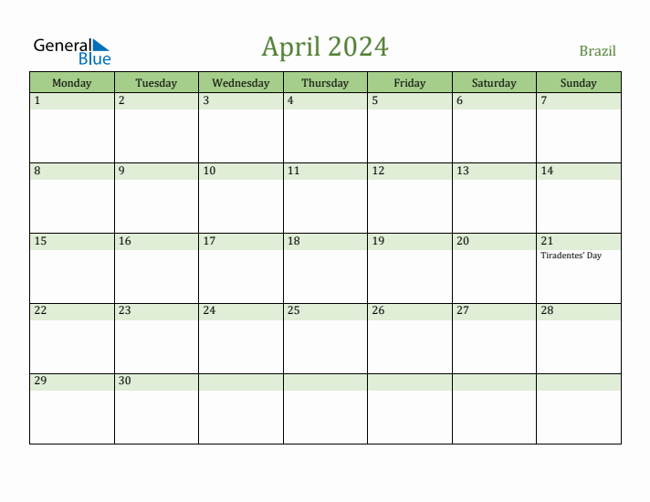 April 2024 Calendar with Brazil Holidays