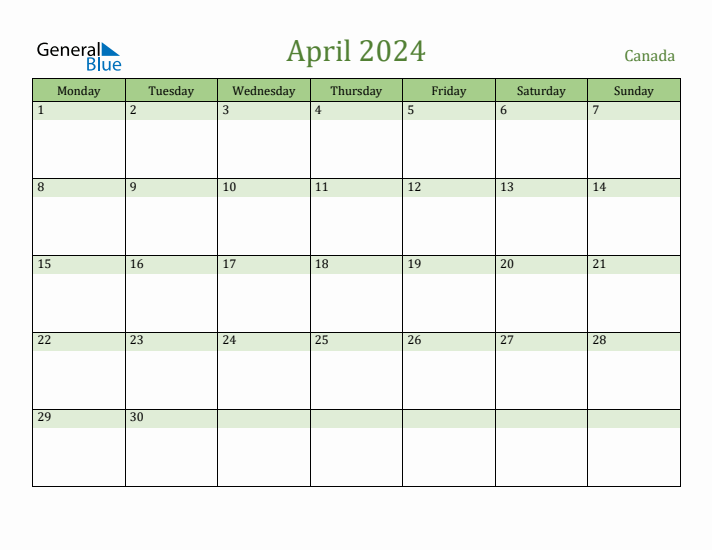April 2024 Canada Monthly Calendar with Holidays