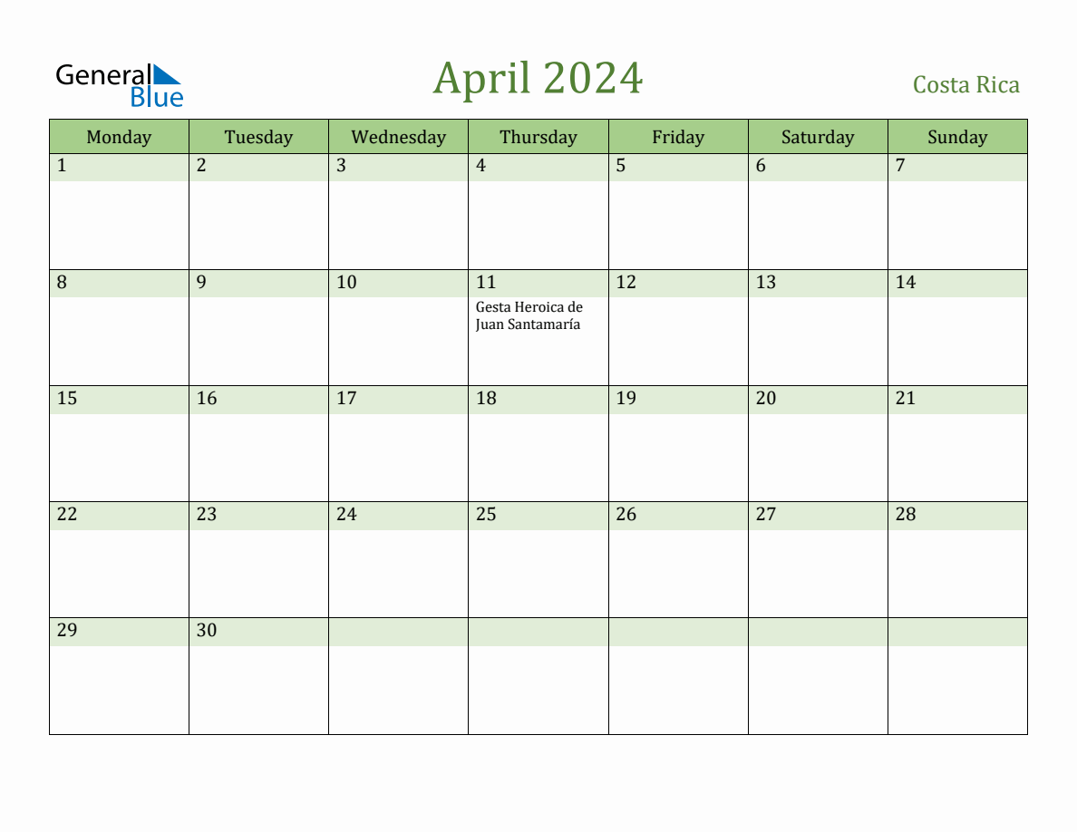 Fillable Holiday Calendar for Costa Rica April 2024