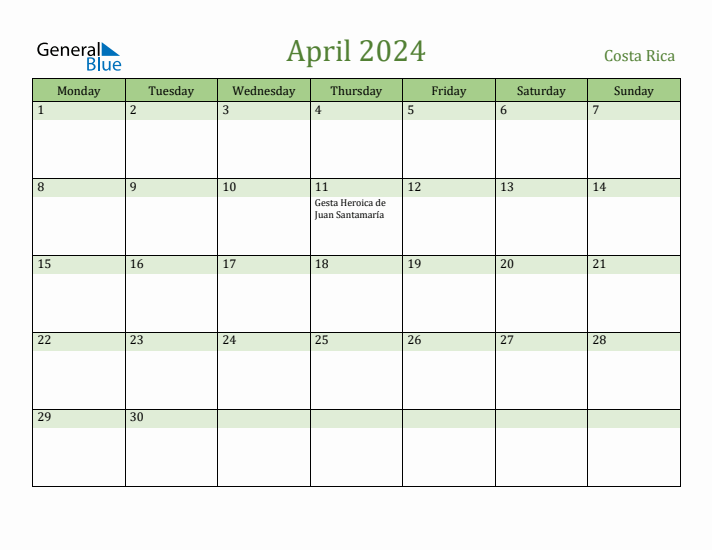 April 2024 Calendar with Costa Rica Holidays