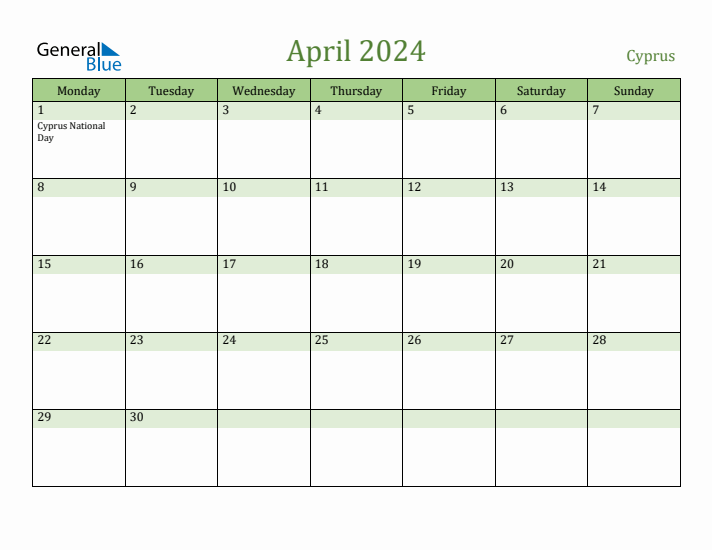 April 2024 Calendar with Cyprus Holidays
