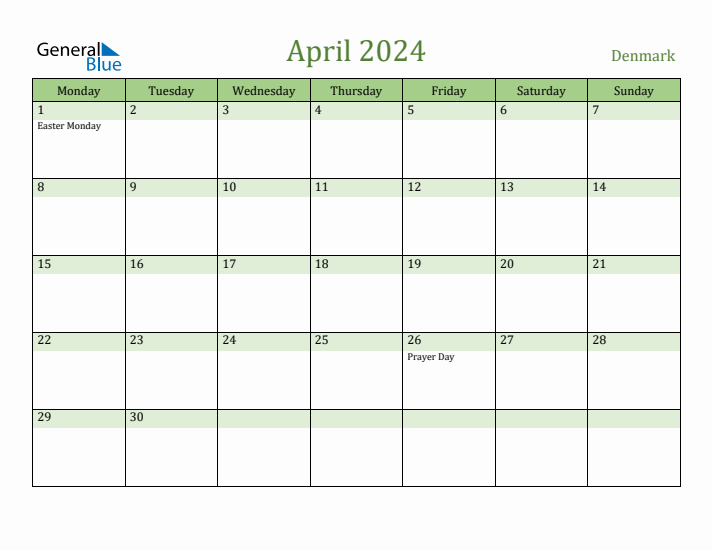April 2024 Calendar with Denmark Holidays