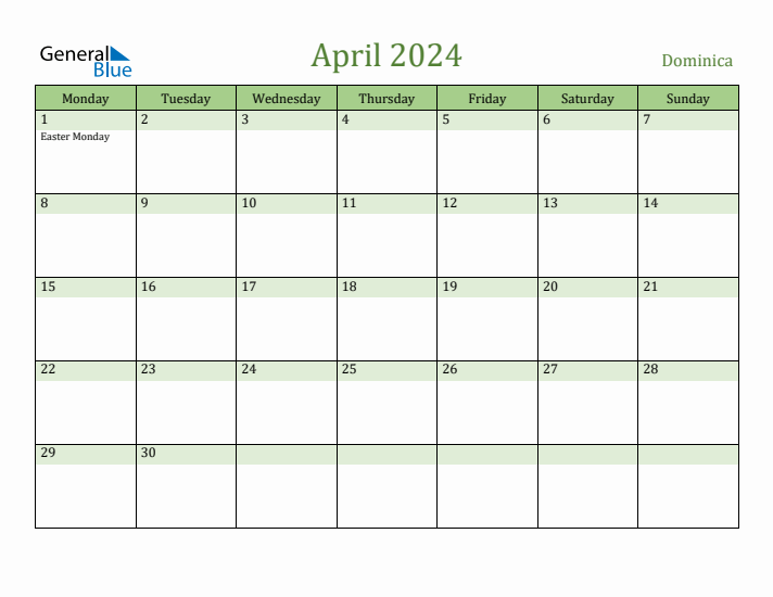 April 2024 Calendar with Dominica Holidays
