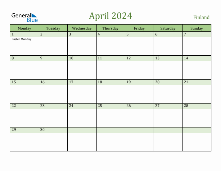 April 2024 Finland Monthly Calendar with Holidays
