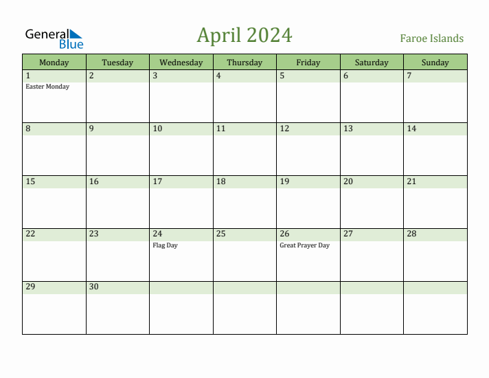 April 2024 Calendar with Faroe Islands Holidays