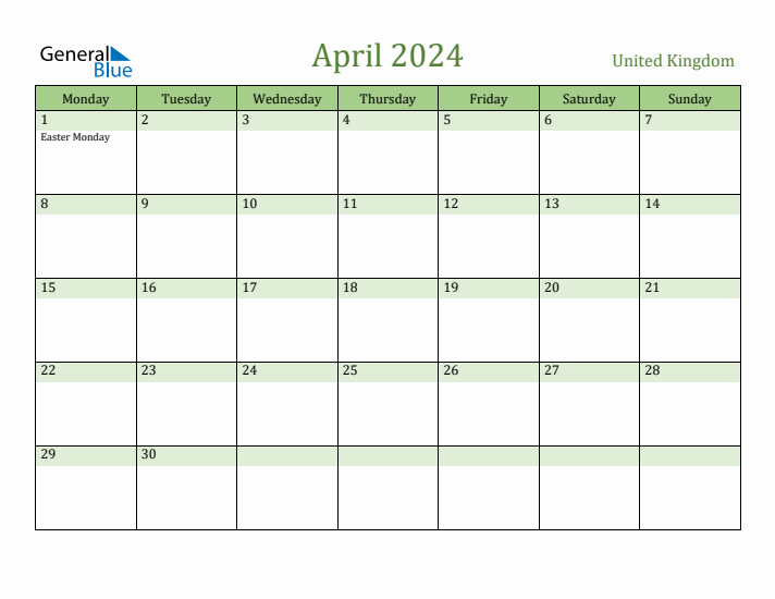 April 2024 Calendar with United Kingdom Holidays