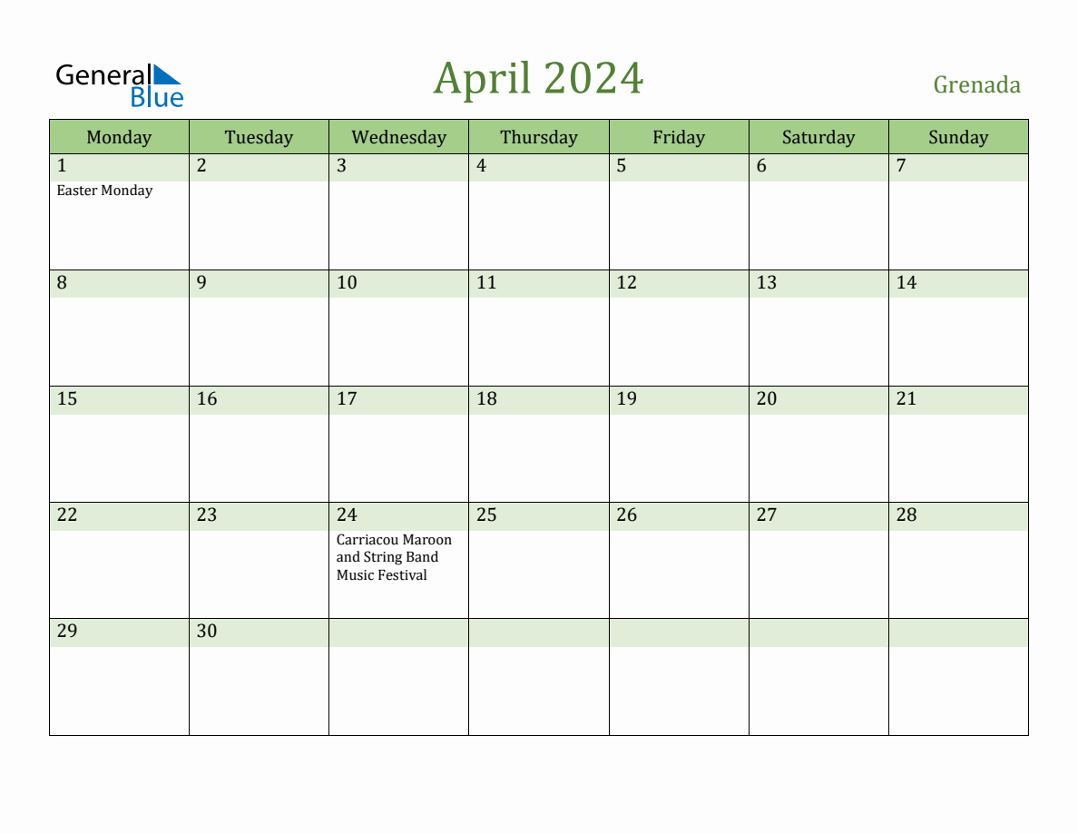 Fillable Holiday Calendar for Grenada - April 2024
