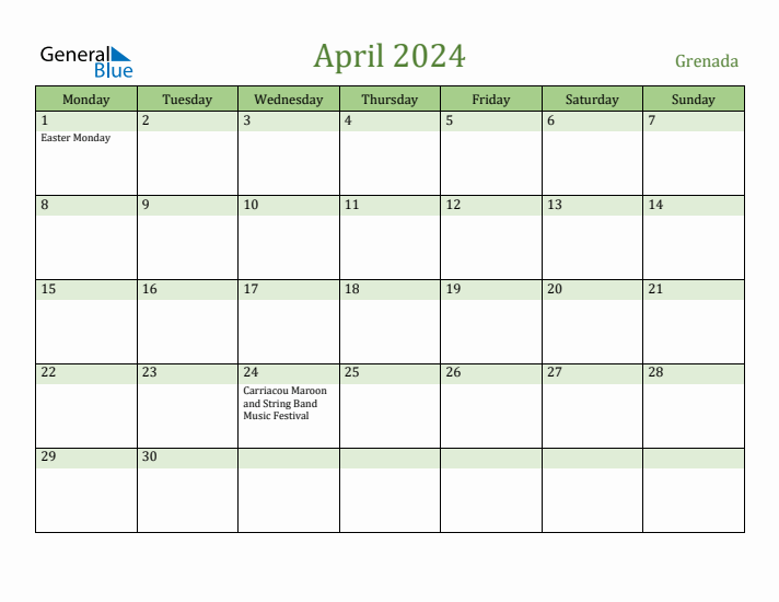 April 2024 Calendar with Grenada Holidays