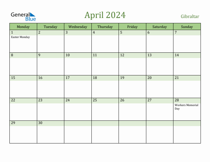 April 2024 Calendar with Gibraltar Holidays