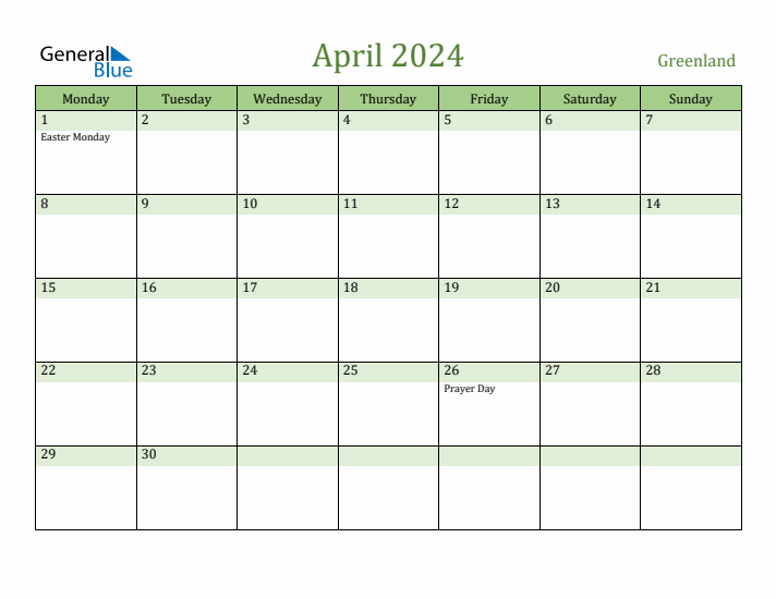 April 2024 Calendar with Greenland Holidays