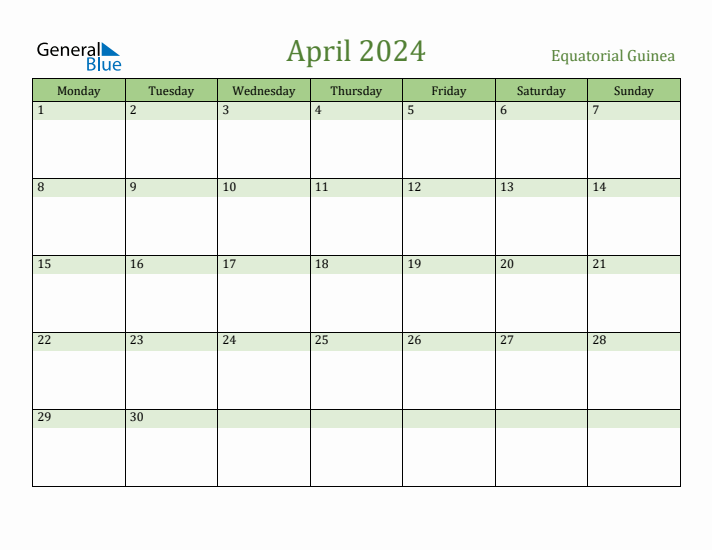April 2024 Calendar with Equatorial Guinea Holidays