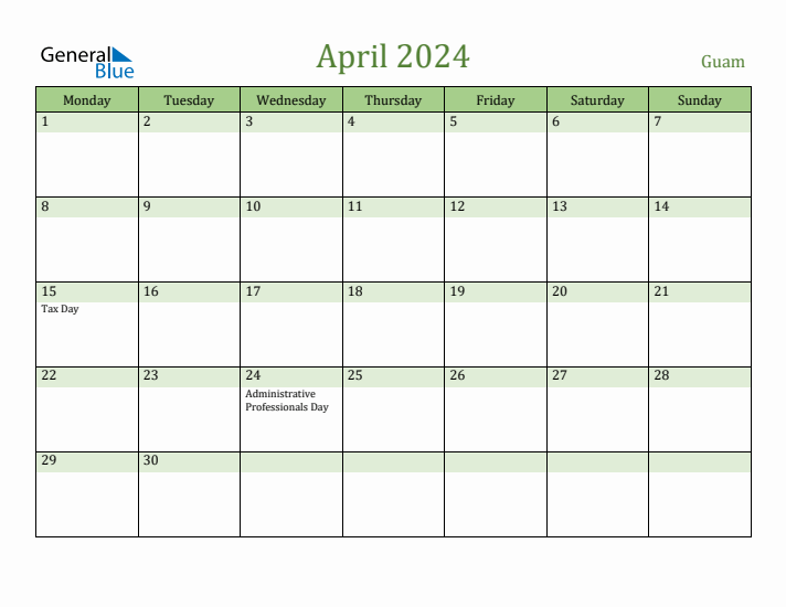 April 2024 Calendar with Guam Holidays