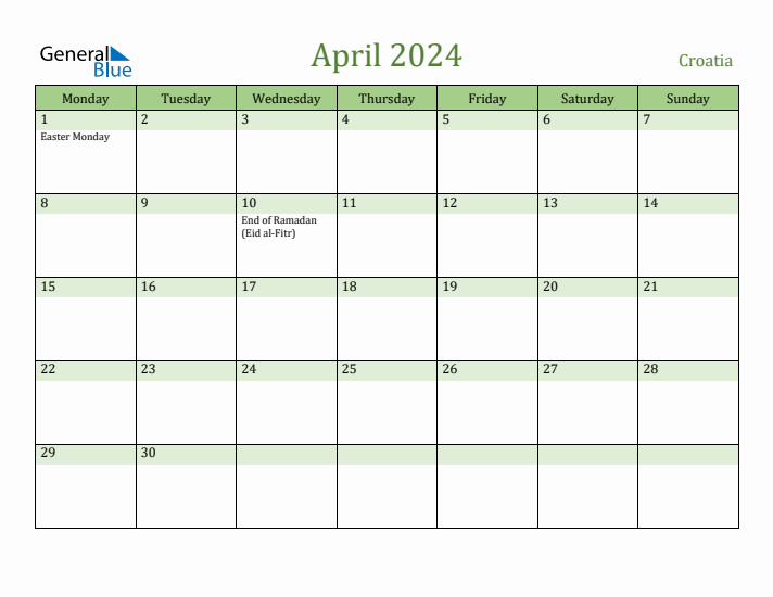 April 2024 Calendar with Croatia Holidays