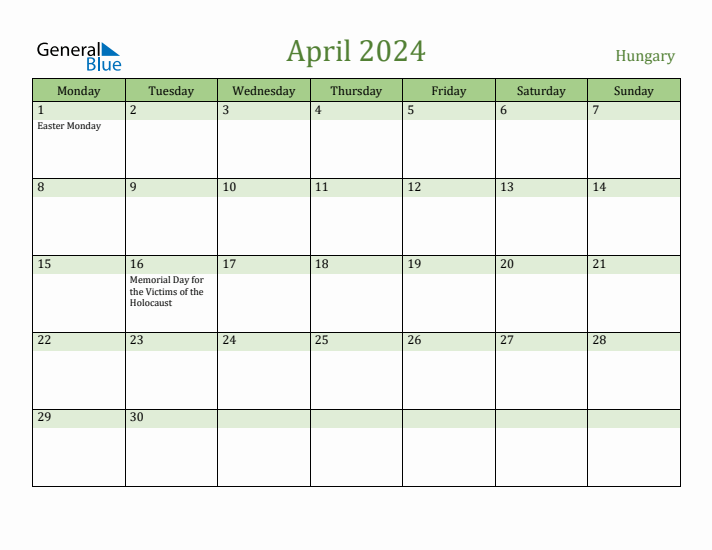 April 2024 Calendar with Hungary Holidays