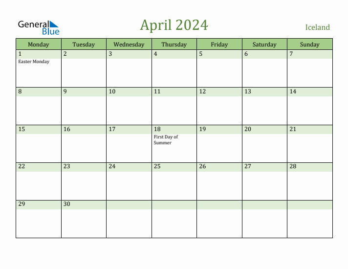 April 2024 Calendar with Iceland Holidays