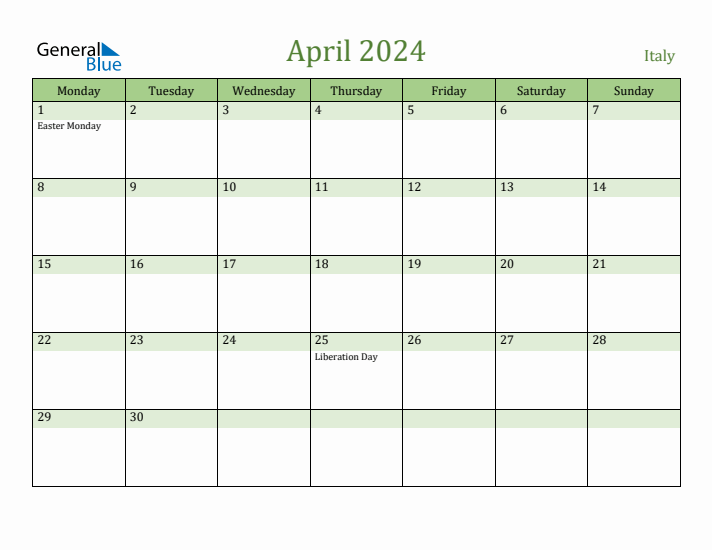 April 2024 Calendar with Italy Holidays