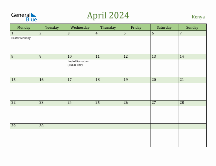 April 2024 Calendar with Kenya Holidays