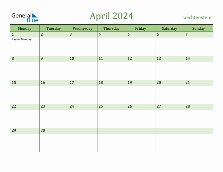 April 2024 Calendar with Liechtenstein Holidays