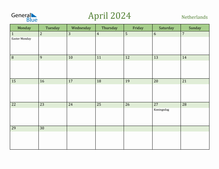 April 2024 Calendar with The Netherlands Holidays
