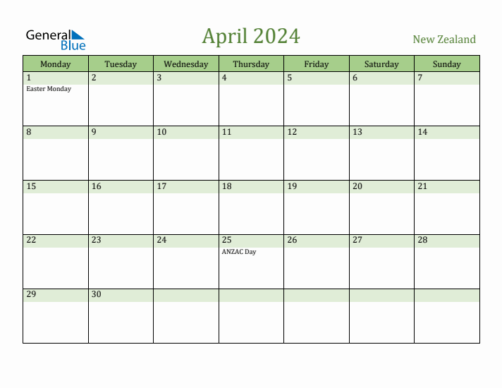 Fillable Holiday Calendar for New Zealand April 2024