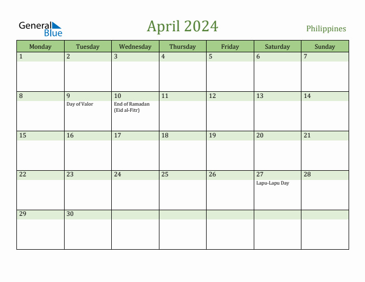 Fillable Holiday Calendar for Philippines April 2024
