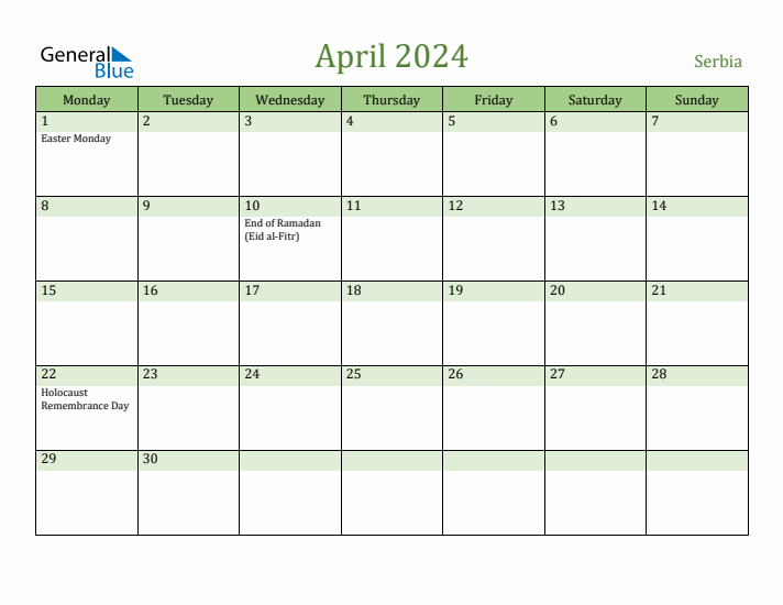 April 2024 Calendar with Serbia Holidays