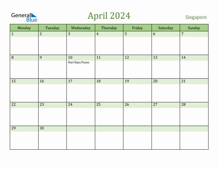 April 2024 Calendar with Singapore Holidays