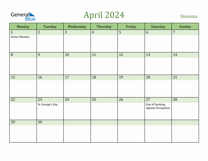 April 2024 Calendar with Slovenia Holidays